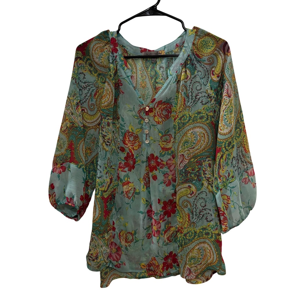 Figueroa & Flower Women's Blouse Medium Boho Floral Paisley Print Semi Sheer